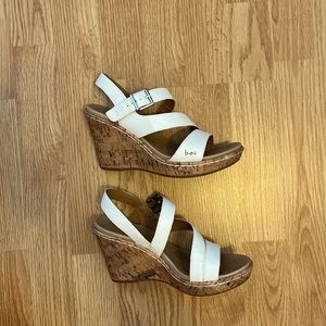 Born Size 6 Cork-Soled Heels with White Straps with Silver Buckles